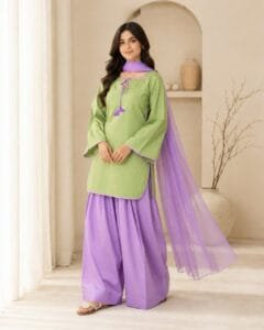 Matcha Contrast Kurti & Farshi 3-Piece Set