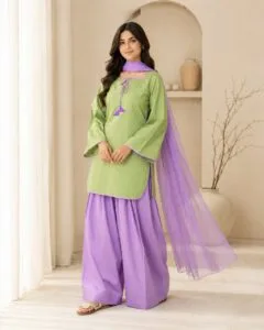 Matcha Contrast Kurti & Farshi 3-Piece Set