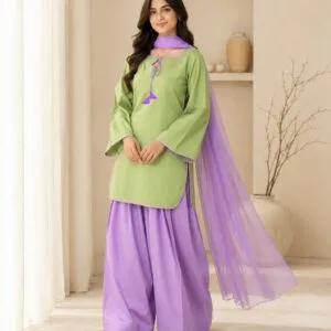 Matcha Contrast Kurti & Farshi 3-Piece Set
