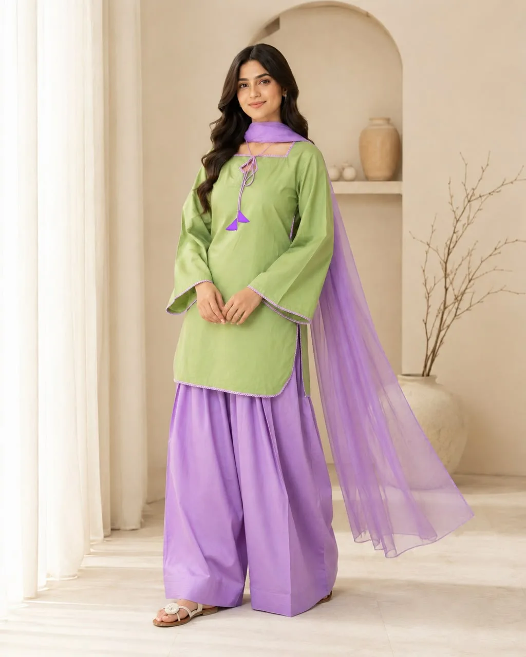 Matcha Contrast Kurti & Farshi 3-Piece Set