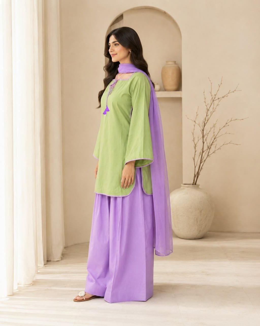 Matcha Contrast Kurti & Farshi 3-Piece Set