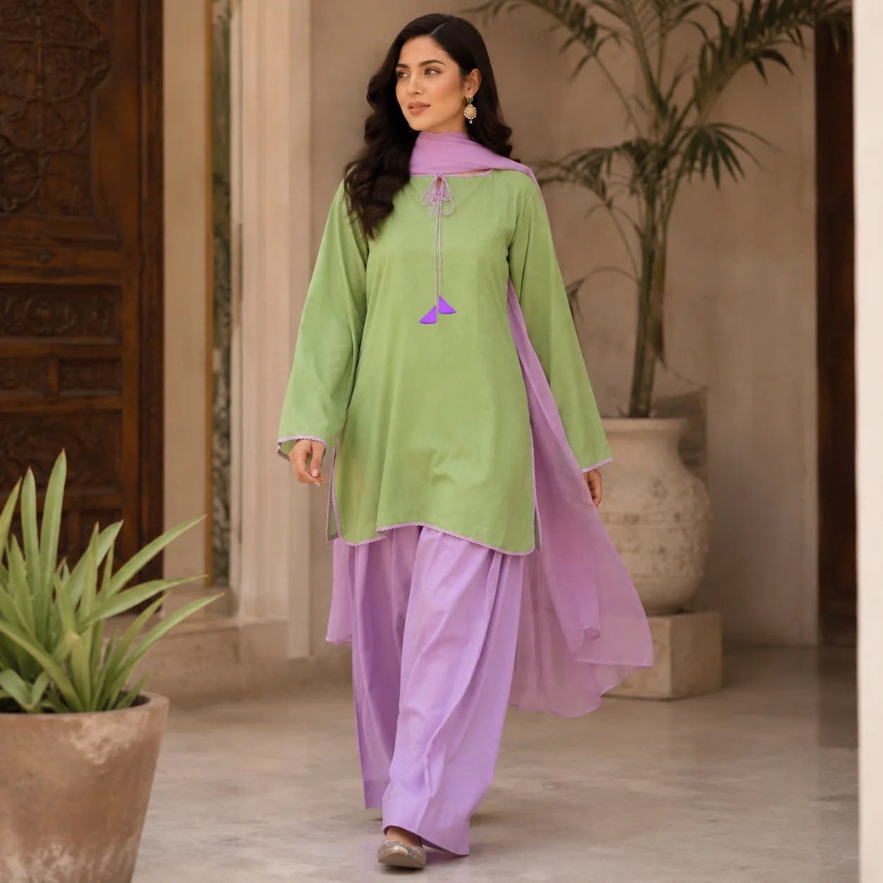 Matcha Contrast Kurti & Farshi 3-Piece Set