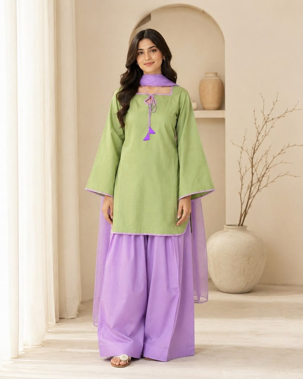 Matcha Contrast Kurti & Farshi 3-Piece Set