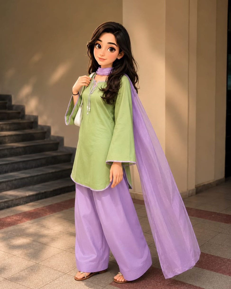 Matcha Contrast Kurti & Farshi 3-Piece Set