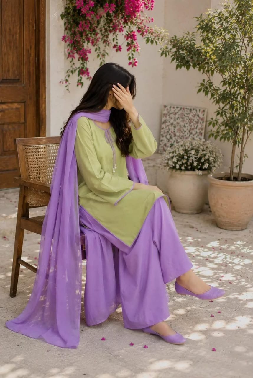 Matcha Contrast Kurti & Farshi 3-Piece Set