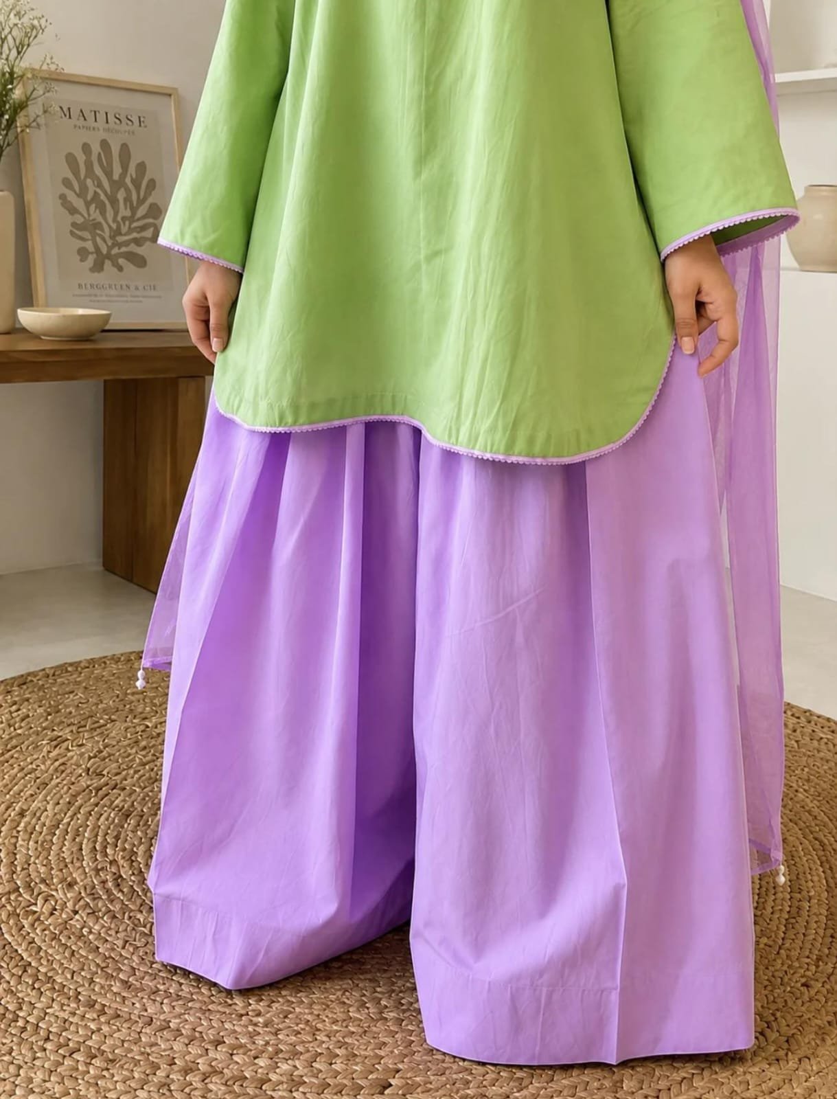 Matcha Contrast Kurti & Farshi 3-Piece Set