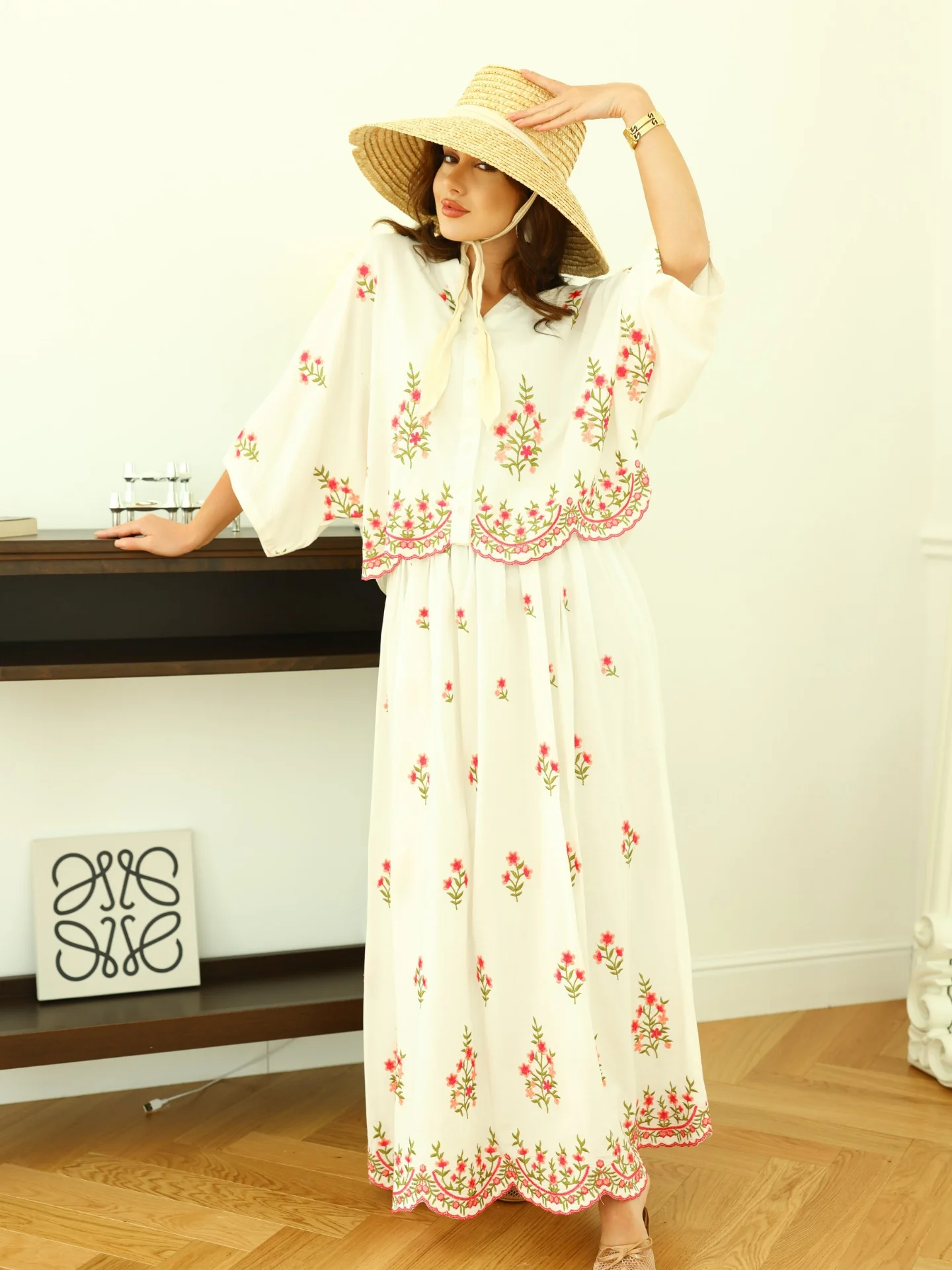 Embroidered Floral Top & Skirt Set