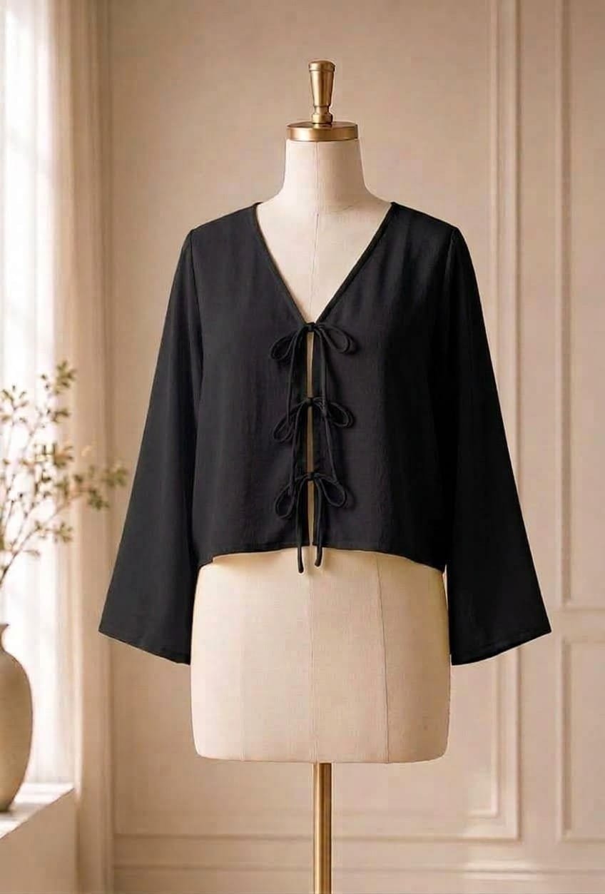 Bow Tie-Front Flared Sleeves Top