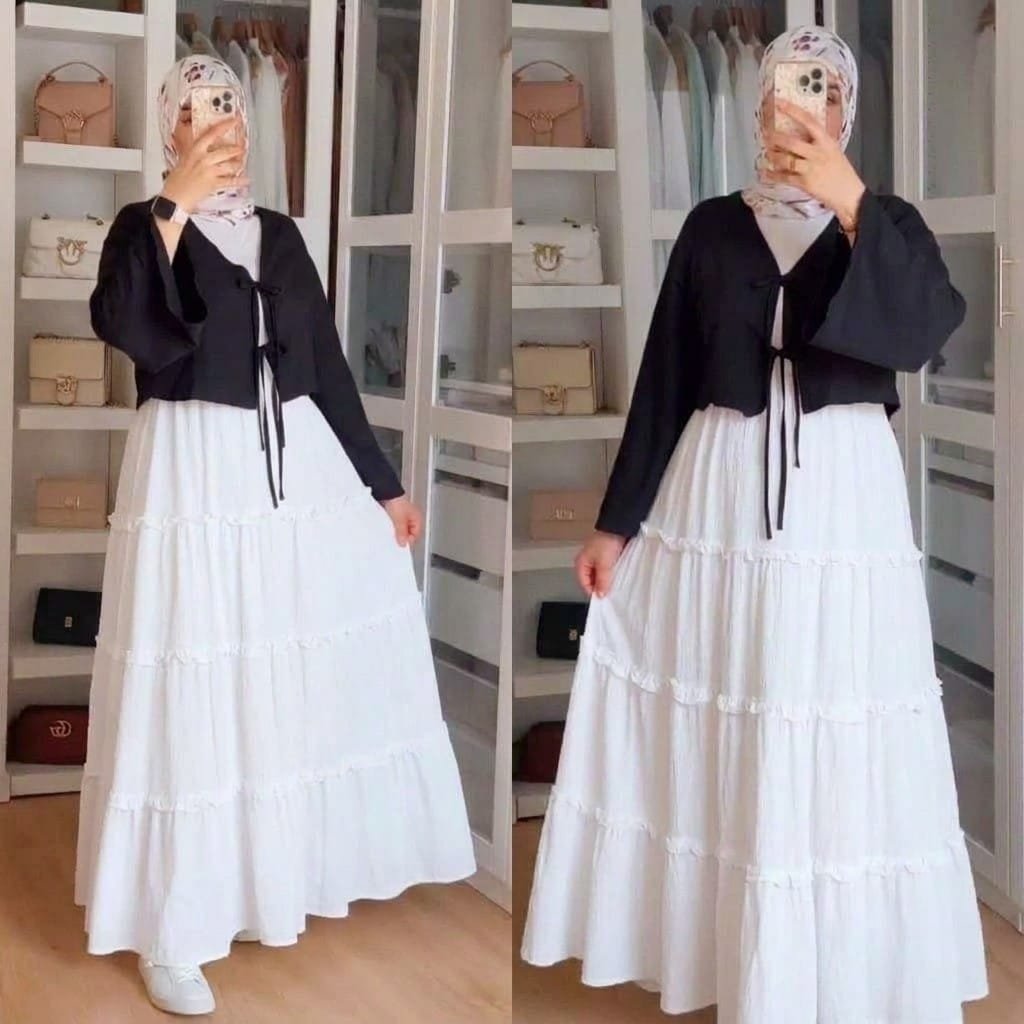 Bow Tie-Front Top with Long White Frill Skirt