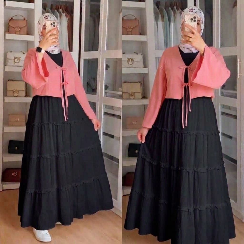 Bow Tie-Front Top with Long Black Frill Skirt