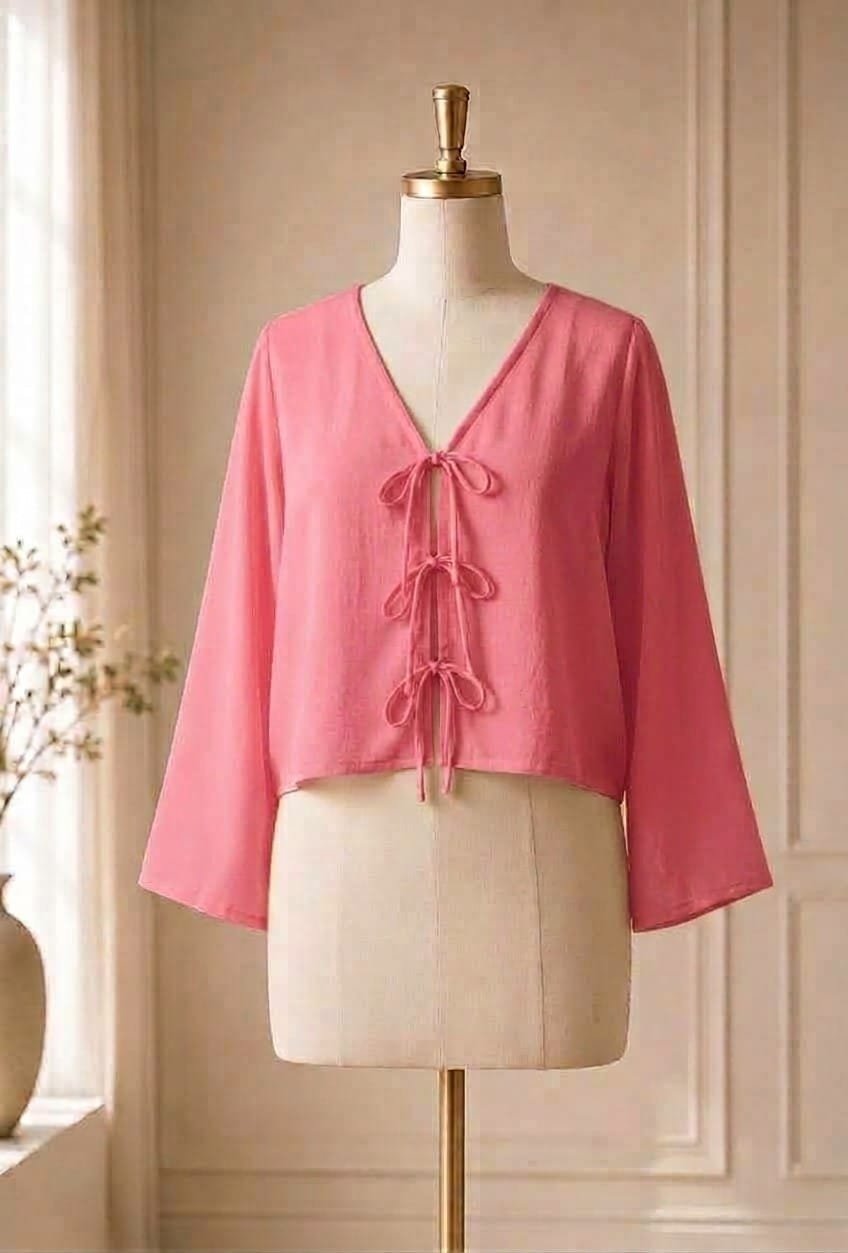 Bow Tie-Front Flared Sleeves Top