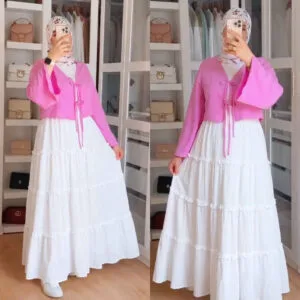 Bow Tie-Front Top with Long White Frill Skirt