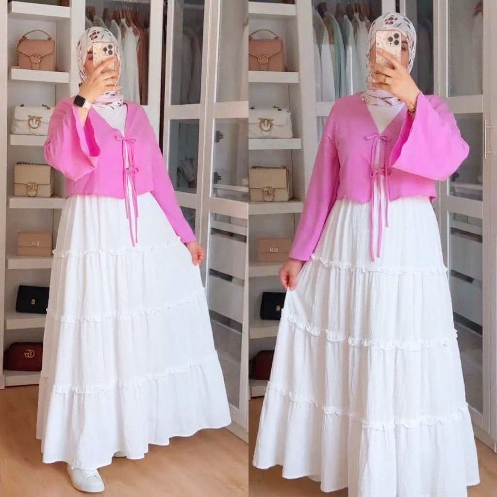 Bow Tie-Front Top with Long White Frill Skirt