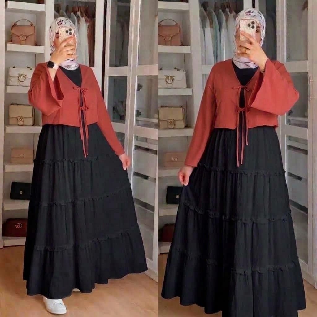 Bow Tie-Front Top with Long Black Frill Skirt