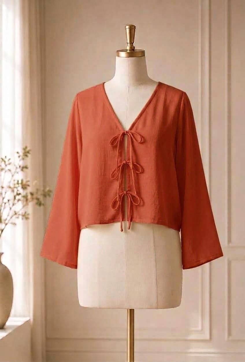 Bow Tie-Front Flared Sleeves Top