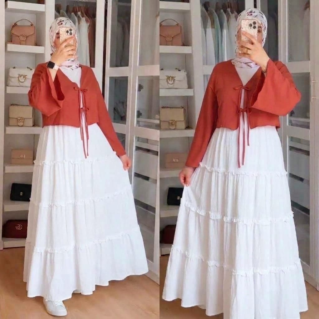 Bow Tie-Front Top with Long White Frill Skirt