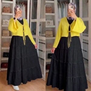 Bow Tie-Front Top with Long Black Frill Skirt