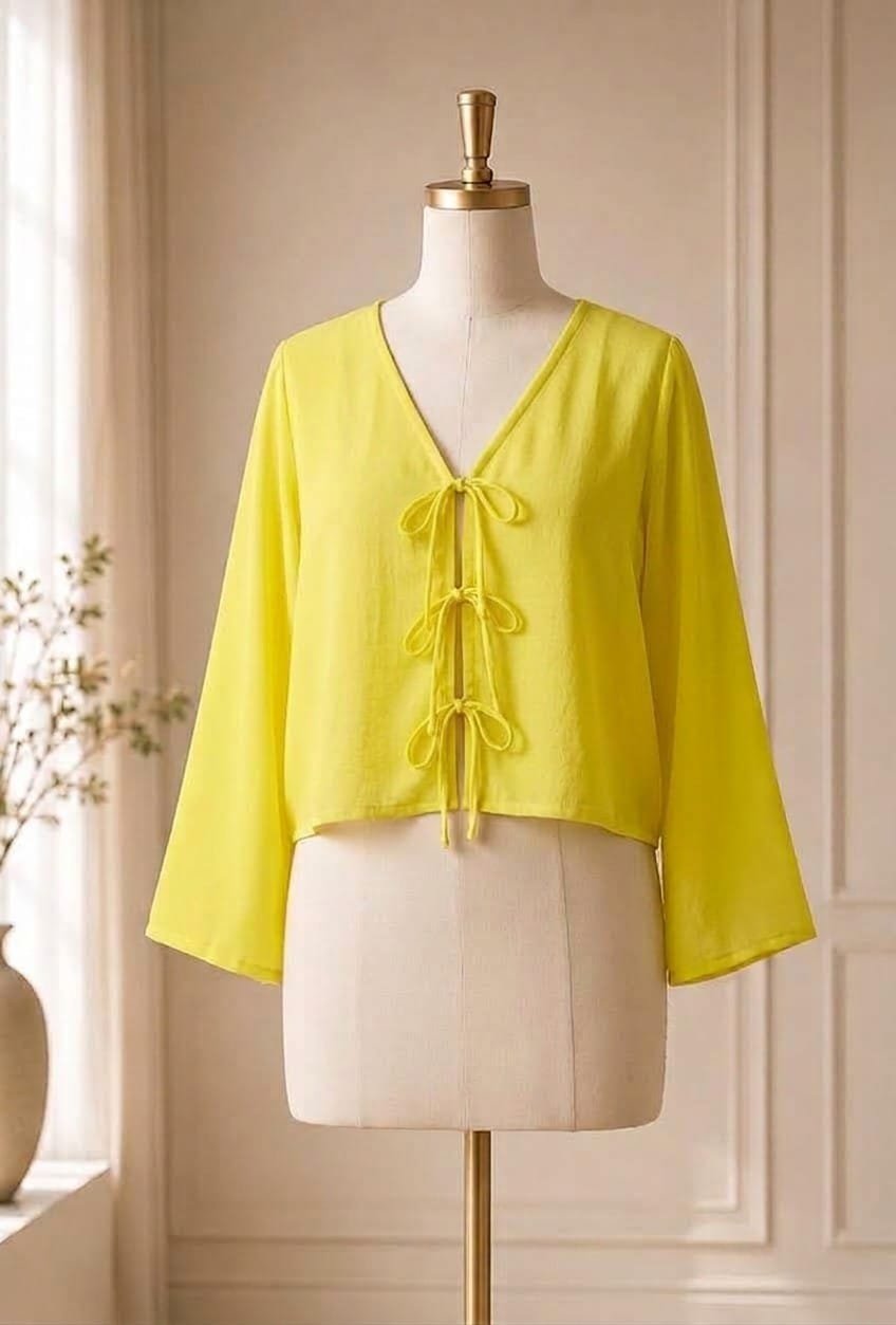 Bow Tie-Front Flared Sleeves Top