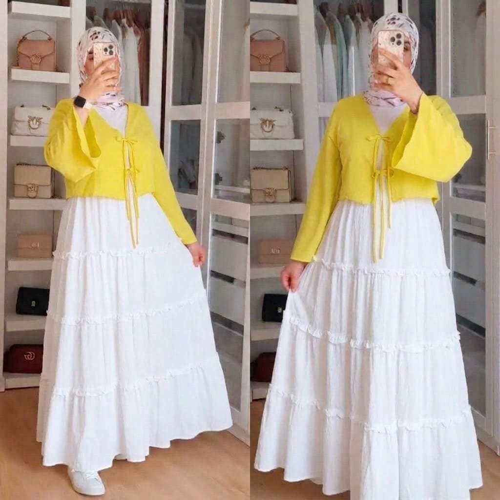Bow Tie-Front Top with Long White Frill Skirt