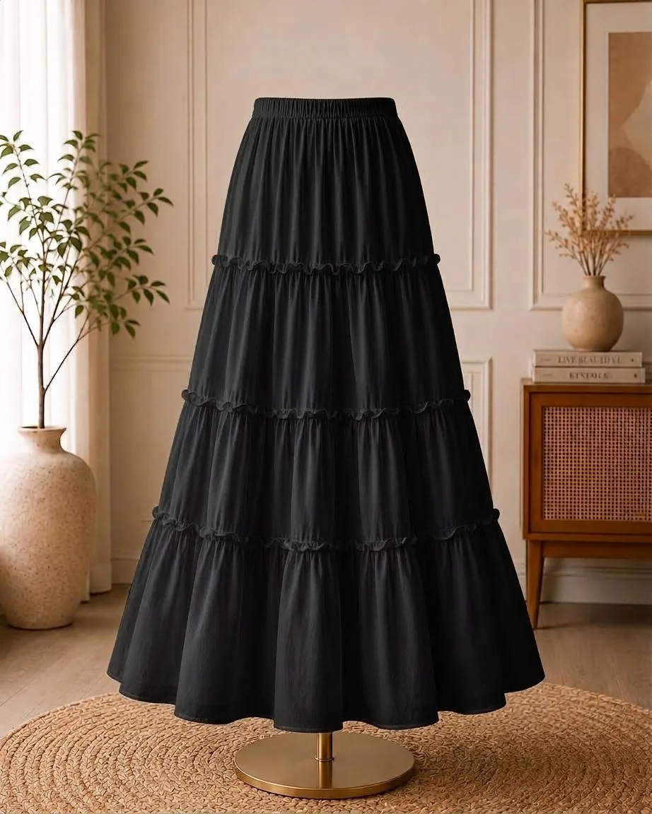 korean three layer frill skirt black
